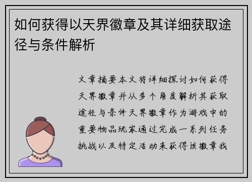 如何获得以天界徽章及其详细获取途径与条件解析